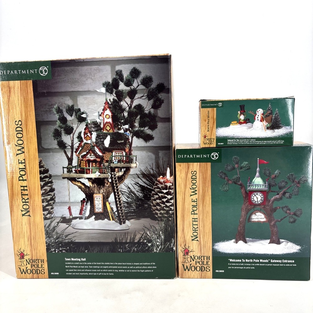 Dept 56 Town Meeting Hall Tree House North Pole, Woods Entrance, Snowman & Elf